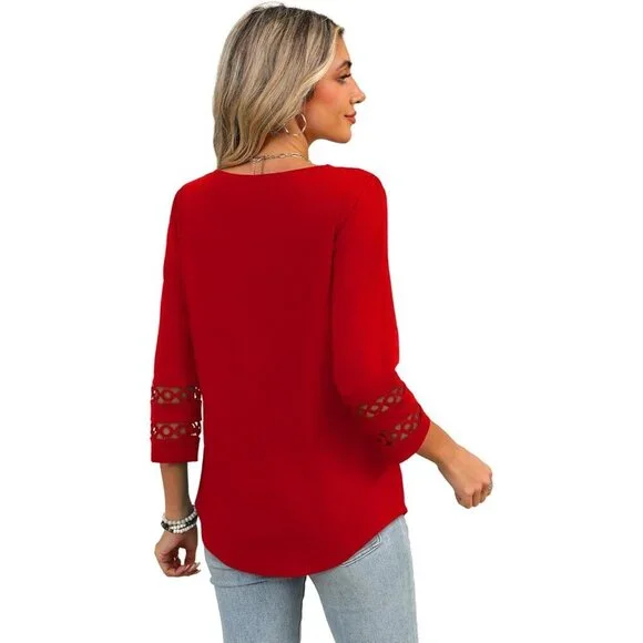 Womens Red Dressy Casual Polyester Blouses Trendy V Neck T Shirts Summer Tops - Picture 5 of 5